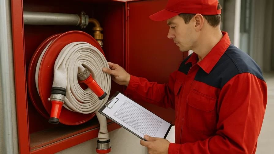 Técnico verificando mangueira e esguicho no abrigo de hidrante, com prancheta na mão